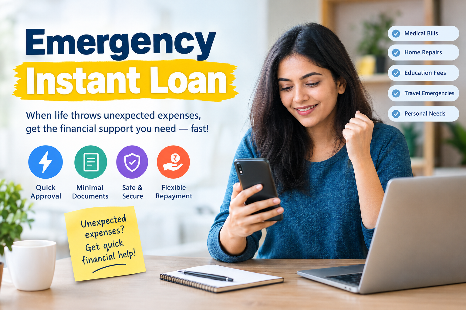 Emergency instant loan for urgent financial needs, featuring quick approval, minimal documentation, secure online application, and flexible repayment options.